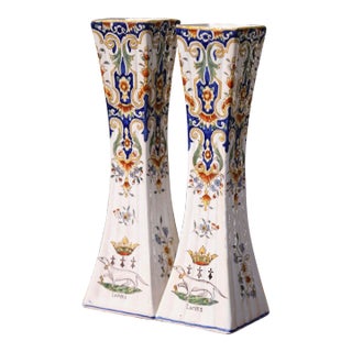 Pair of 19th Century French Hand-Painted Faience Trumpet Vases For Sale