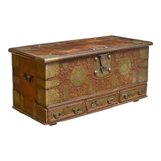 Indian Brass Mounted Stained Hardwood Chest For Sale