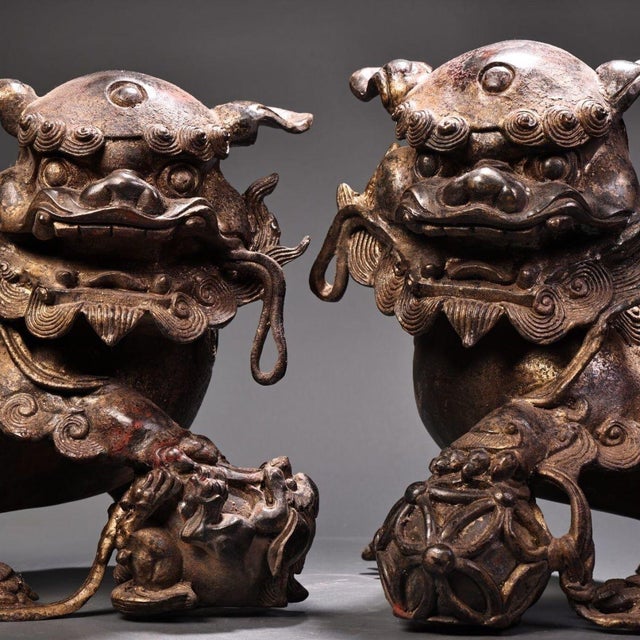 Pair of Antique Gilt Bronze Guardian Lion Figurines, 7400g Total, High Relief For Sale - Image 9 of 10