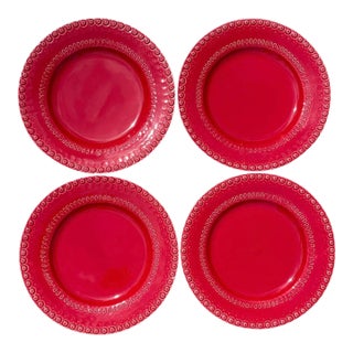 2000s Bordallo Pinheiro Fantasy Dinner Plates in Red - Set of 4 For Sale