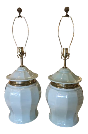 Vintage Chinoiserie Mint Green Ceramic Ginger Jar and Brass Pagoda Table Lamps -A Pair