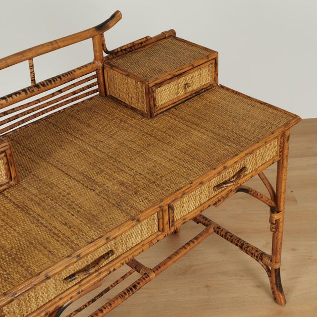 Vintage British Colonial Style Faux Burnt Bamboo and Grasscloth Pagoda Desk For Sale - Image 13 of 16