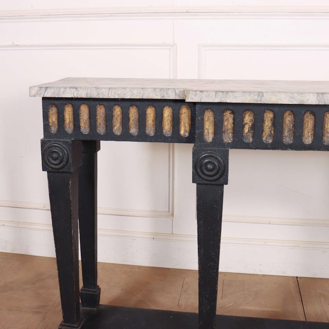 Good late 18th C breakfront console table with original painted decorated base and painted faux marble top. 1790...