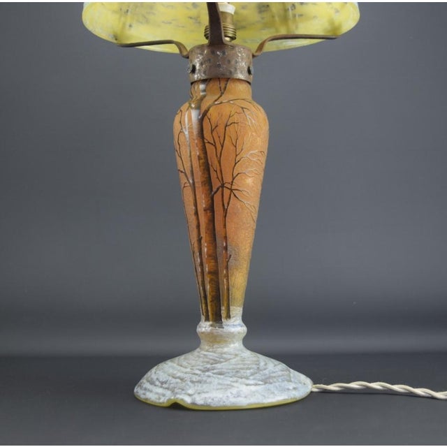 Daum Enameled Winter Landscape Table Lamp, c.1910 Signed Daum Nancy – Excellent Glass Condition – Double‑Illuminated Base...