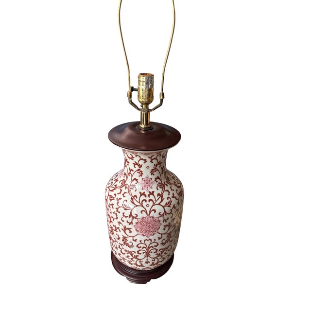 Chinoiserie Mid 20th Century Chinoiserie Ginger Jar Table Lamp Rose Floral Scroll Wood Base For Sale - Image 3 of 7