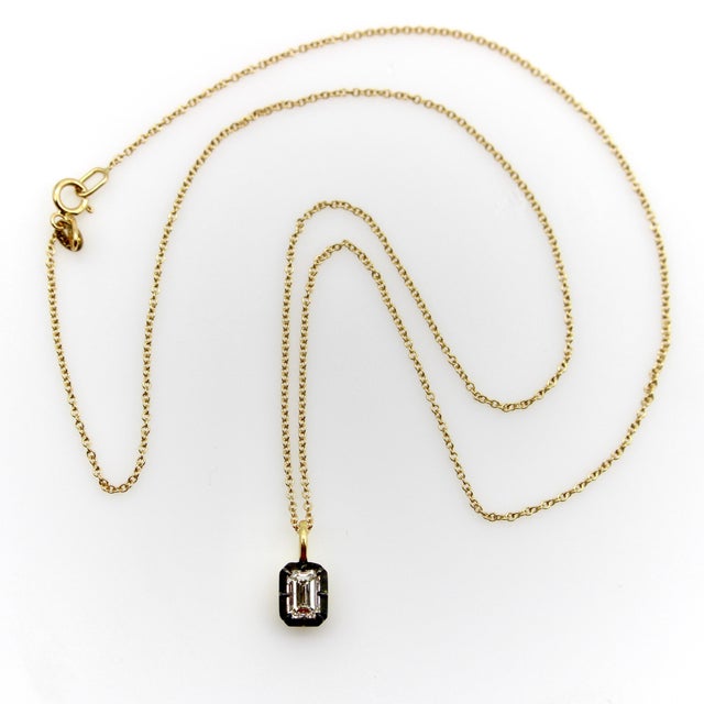 18k Gold 1/2 Carat Emerald Cut Diamond in Collet Setting With Black Rhodium Necklace For Sale - Image 4 of 12