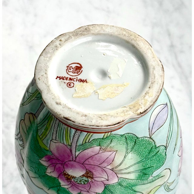 Vintage Late 20th Century Pastel Waterlily Chinoiserie Vase For Sale - Image 10 of 10