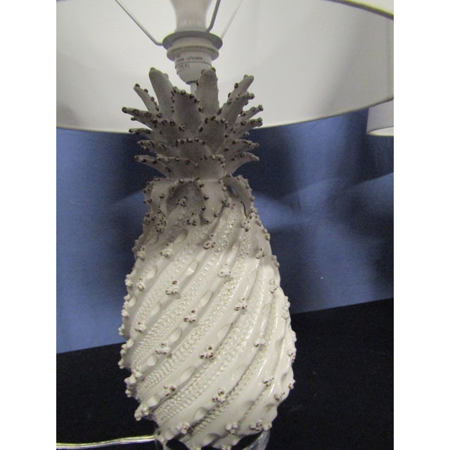 Ceramic Pineapple Lamps with White Glaze and Drum Shades - a Pair For Sale - Image 4 of 7
