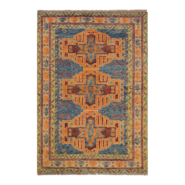 Rustic Balochi Blue/Beige Wool Rug - 3'11''x6'0'' For Sale
