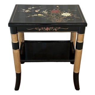 Black/Gold Asian Lacquered Bird Side Table For Sale