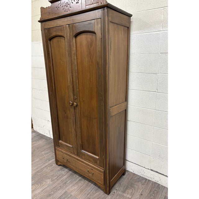 Wood Antique Victorian Eastlake Aesthetic Movement Wardrobe Armoire Hall Cupboard For Sale - Image 7 of 15