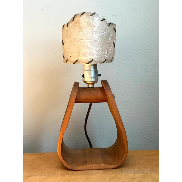 Vintage Mid-Century Modern Wood and Metal Stirrup Table Lamp For Sale - Image 9 of 12