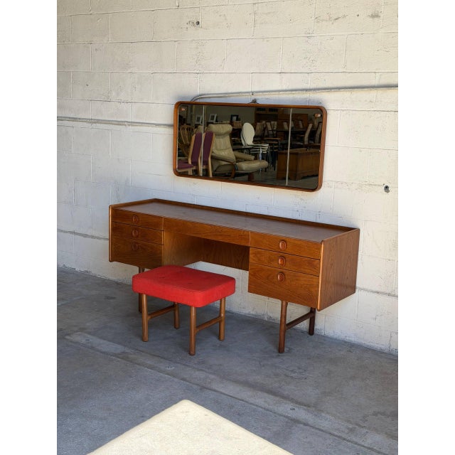 1970s Meredew Danish Teak Vanity Desk With Mirror and Stool Mid-Century Modern Dressing Table For Sale - Image 9 of 15