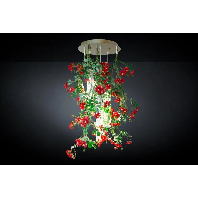 Chandelier consisting of vg artificial flowers and pipes in muranese glass, led bulbs (3 bulbs gu10 x 6w each) fitted with...