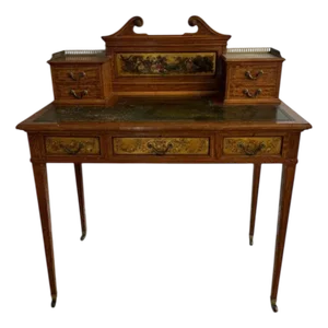 Antique Edwardian Freestanding Decorated Inlaid Satinwood Desk, 1900