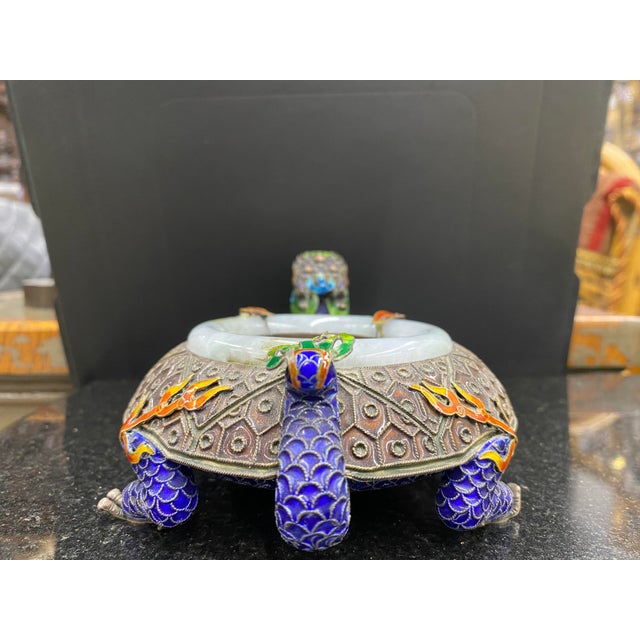 Mid-Century Modern 1920s Sterling Silver Enamel Dragon Cloisonné Ashtray Jade Rim For Sale - Image 3 of 8