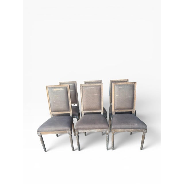 Restoration Hardware Set of 6 Vintage French Square Cane Back Dining Chairs in Belgian Linen For Sale - Image 9 of 13