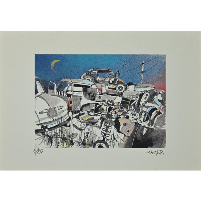 Scarp Cars is an original lithograph on paper realized by Giuseppe Megna in 1970 ca. Hand-signed on the lower right and...
