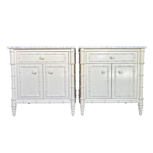Wood Williams-Sonoma Home "Hampstead" Faux Bamboo Nightstands With Carrara Marble Tops - Pair For Sale - Image 7 of 14