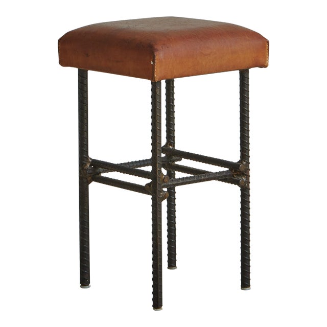 Brutalist Forged Iron + Cognac Leather Stool, France 1960s For Sale
