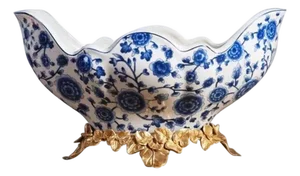 Vintage Blue and White Porcelain Floral Centerpiece Bowl With Gilt Leaf Base