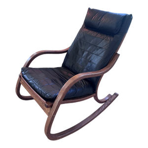 1970s Mid-Century Modern Rocker With Wood Base and Leather Seat