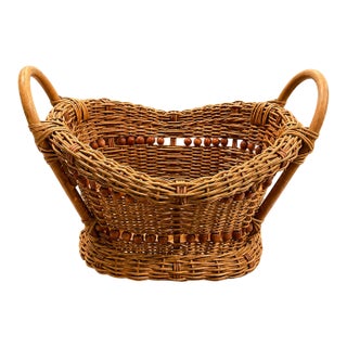 Vintage 1970s Woven Wicker Basket With Wood Bead Detail & Handle For Sale