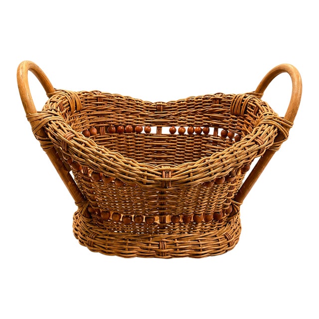 Vintage 1970s Woven Wicker Basket With Wood Bead Detail & Handle For Sale