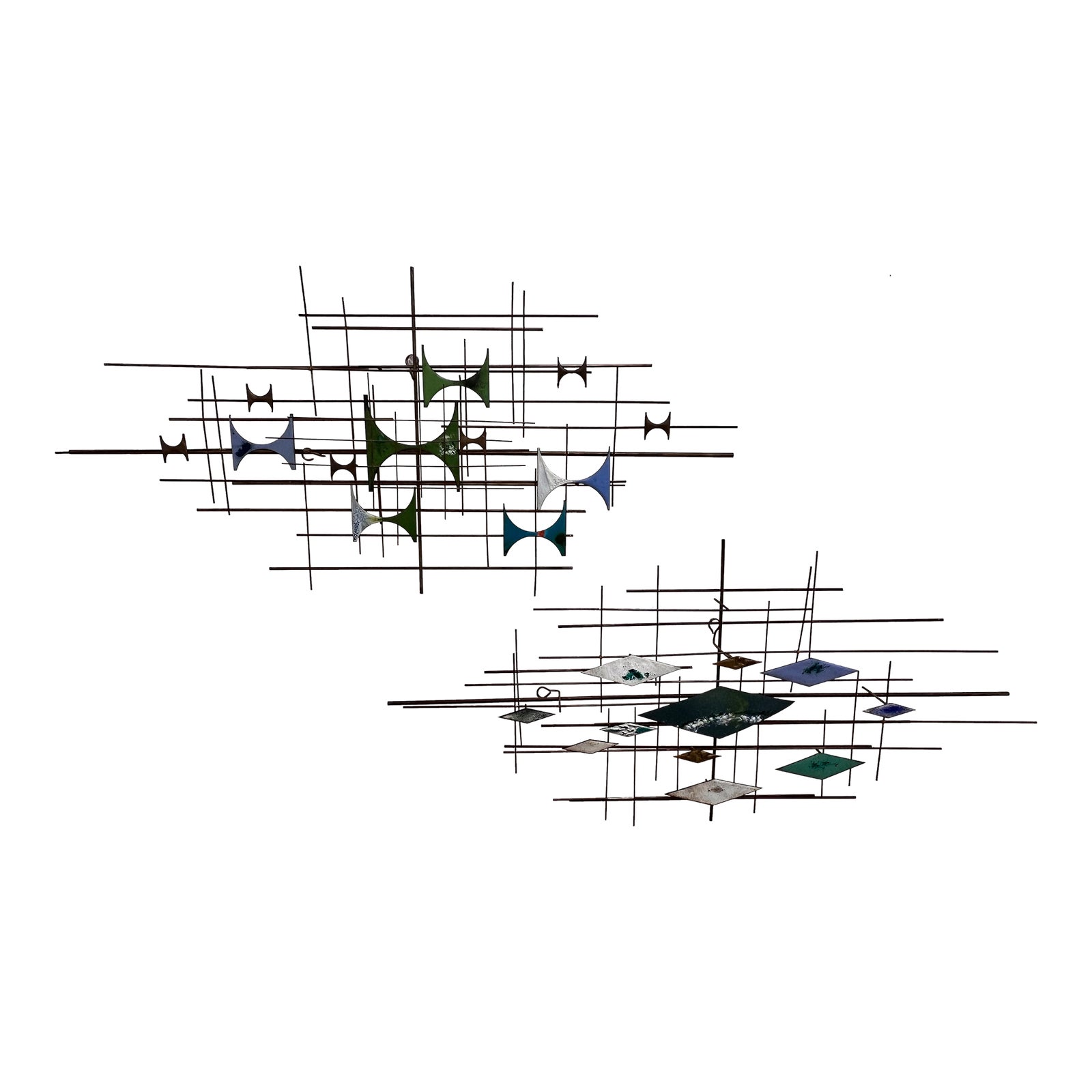 Mid Century "Bowties and Diamonds" Abstract Metal Wall Art Set of 2