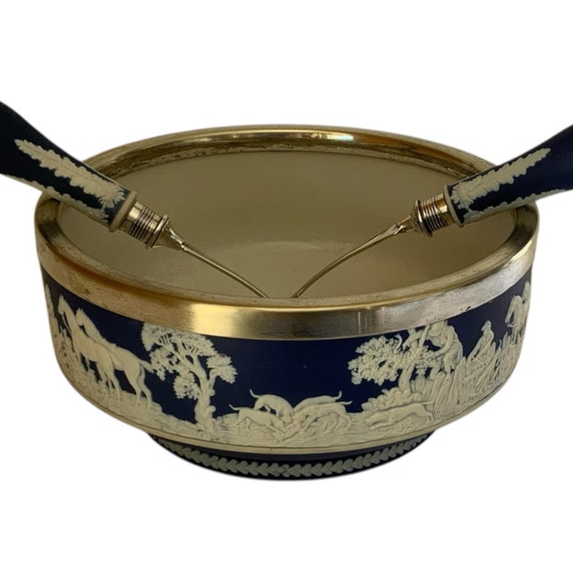 Antique William Adams Tunstall Blue Jasperware Salad Bowl Set W/ Matching Silverplate Serving Fork & Spoon Hunt - 3 pcs For Sale In Palm Springs - Image 6 of 10