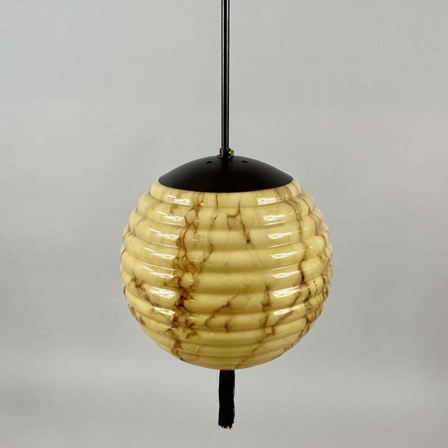 Opaline Glass and Burnished Brass Beehive Ball Pendant, Germany, 1930s For Sale - Image 3 of 18