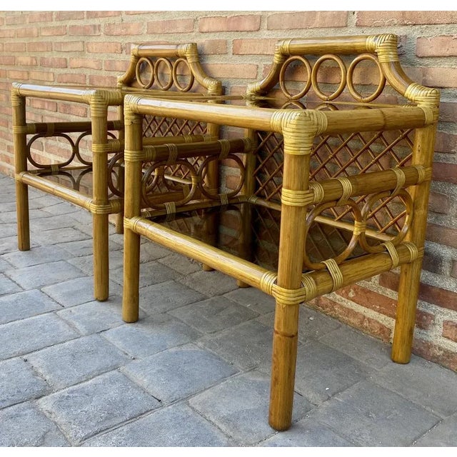 Bamboo & Rattan Nightstands with Low Glass Shelves, Italy, 1960s, Set of 2 For Sale - Image 12 of 13