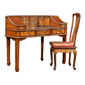 Antique Hand-Carved Chinese Scholar's Writing Desk and Chair Set
