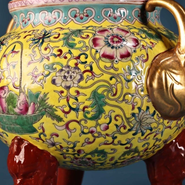 Late 20th Century Yellow Famille Rose Porcelain Censer With Gilt Handles and Lion Finial For Sale In Los Angeles - Image 6 of 10