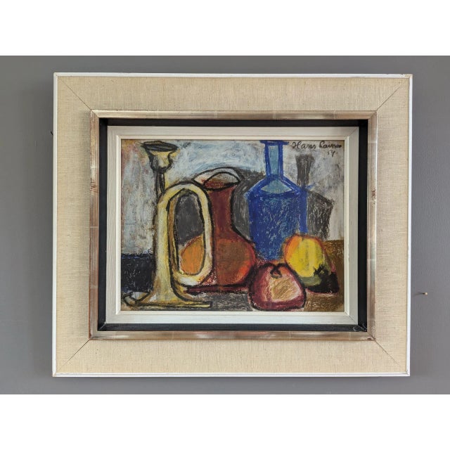 STILL LIFE IN PASTEL Pastel on board Size: 42 x 49 cm (including frame) An expressive and lively mid-century still life...