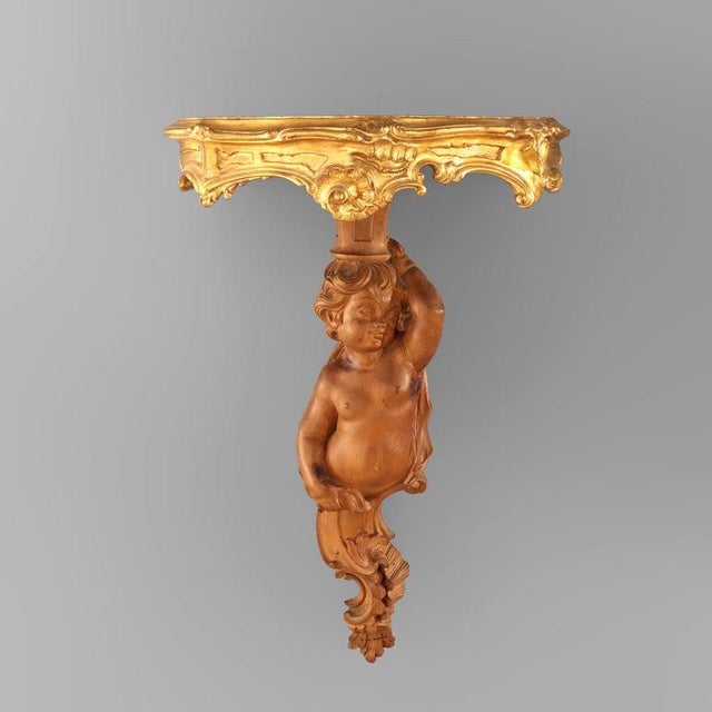 Pair Of Antique French Louis XIV Carved Figural Cherub Wood Sconces With Gilt Trim Unsigned C1830 Measures - 25.5"H x...