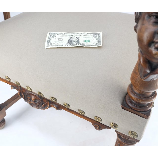 Pair Antique Heavily Carved Walnut Cherub North Wind Faces Arm Chairs New Uphols For Sale - Image 10 of 18