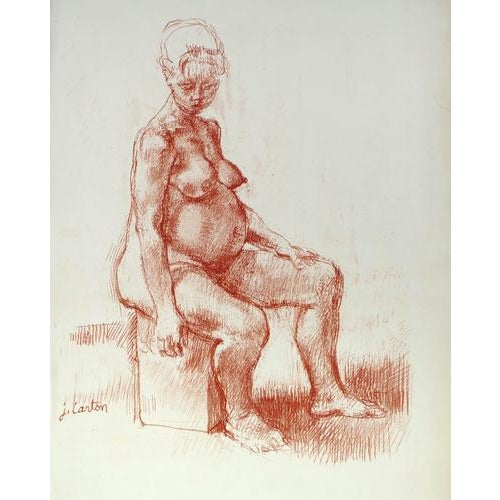 Modern Jean Carton, Pregnant Nude, Sanguine Drawing, Mid 20th Century For Sale - Image 3 of 3