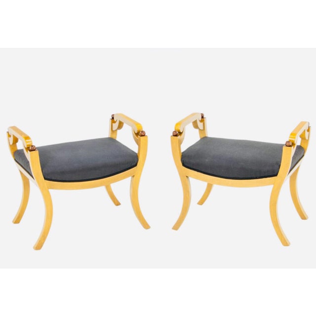 Pair of Neoclassical Klismos-Style Curule Armchairs in Blonde Wood A wonderfully graphic pair of vintage Neoclassical...