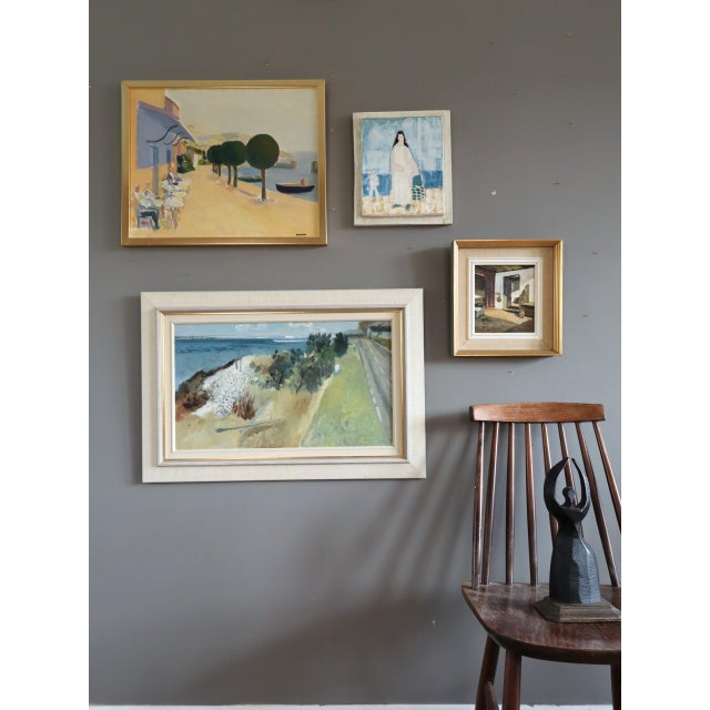 1976 Modernist 'Seaside Stroll' Vintage Mini Swedish Original Figurative Oil Painting, Framed For Sale - Image 12 of 12