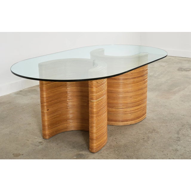Wood Midcentury Italian Organic Modern Rattan Pedestal Dining Table For Sale - Image 7 of 13