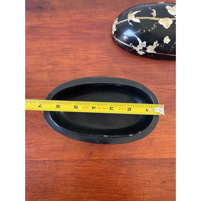 Japanese Hand-Carved Melon Form Black Lacquer Box With Mother of Pearl Inlay For Sale - Image 9 of 12