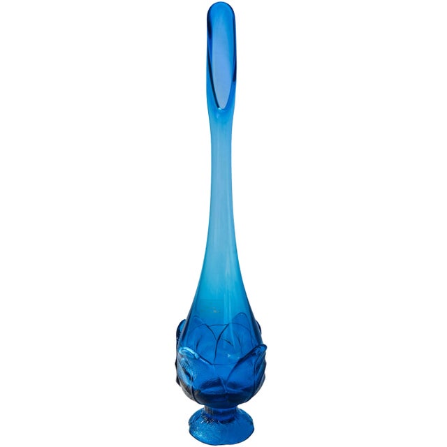 Midcentury handblown blue glass vase with ornate shape, floral pattern and intricate textured details. Marked on...