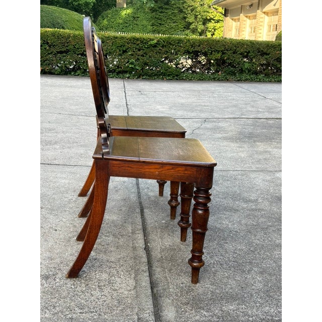 Victorian Pair of Early 19th Century English Regency Oak Hall Chairs With Carved Backs For Sale - Image 3 of 18