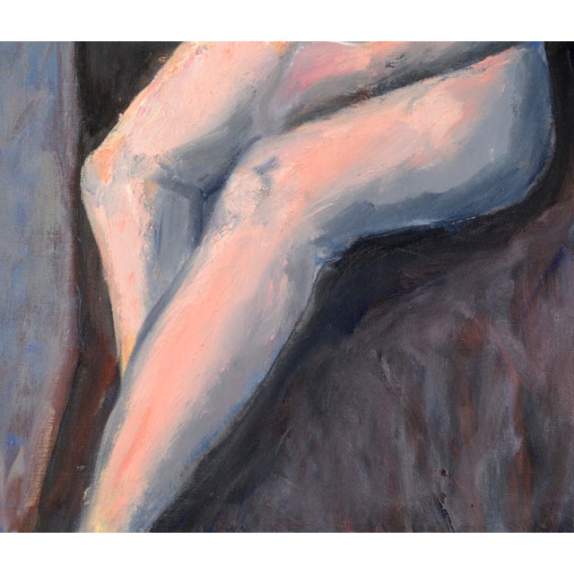 Colorful modernist impasto figure painting of a seated woman by an unknown artist. This contemporary figurative piece uses...