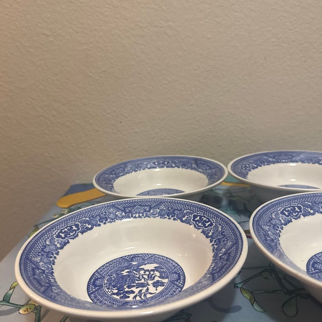 Vintage Blue Willow Pattern Porcelain Shallow Soup Bowls - Set of 4 For Sale - Image 4 of 6