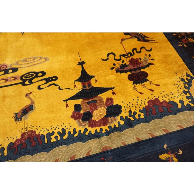 1920s Canary Yellow Scene Pictoral Antique Chinese Art Deco Hand Knotted Rug 9'x 11' 7" Wool Carpet For Sale - Image 15 of 17