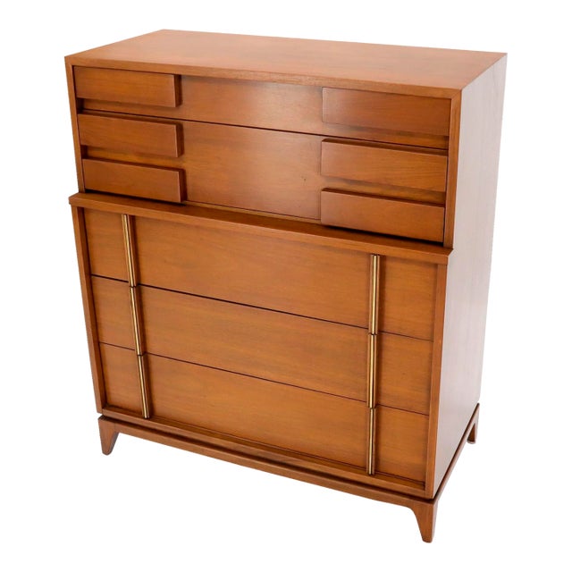 Mid-Century Modern Five Drawers High Chest Dresser with Brass Accents For Sale