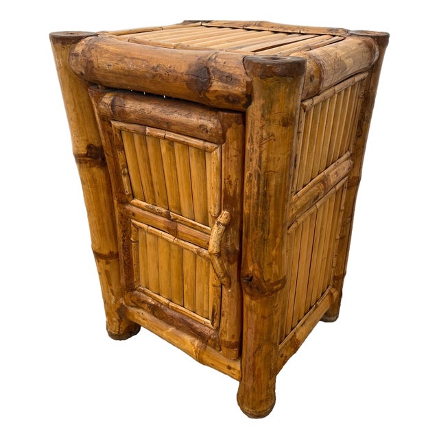 1960s Mid Century Nightstand Cabinet With Shelf Elephant Bamboo Wicker Tiki Style For Sale