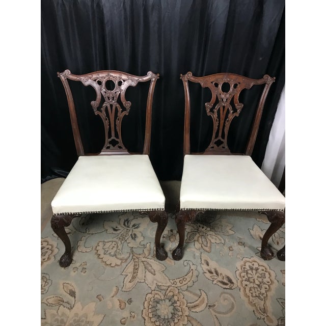 Carved Mahogany Chippendale Dining Chairs, Set of 6, White Faux Leather For Sale - Image 4 of 12